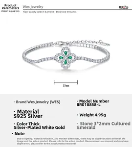 Dettaglio del bracciale a quadrifoglio in argento S925 con smeraldi e dimensioni indicate