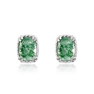 Vintage silver stud earrings with cushion-cut green moss agate stones and twisted metal design