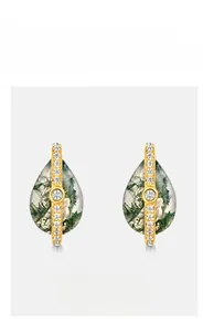 Macro view of teardrop moss agate earrings with gold-plated S925 silver and small stones
