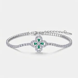 925 Sterling Silver Clover Bracelet With Lab-grown Emerald And Zirconia Luxury Botanical Floral Adjustable Tennis Chain For Women