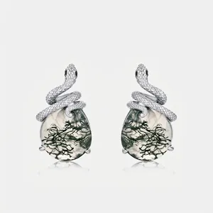 Vintage 925 Sterling Silver Snake Earrings For Women Green Moss Agate Inlaid Rhinestone Stud Earrings Mythical Jewelry Gift