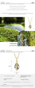 Detail showing S925 silver 10K gold plated green moss agate teardrop necklace pendant