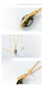 Detailed macro view of S925 silver teardrop moss agate pendant with gold plating