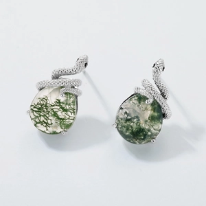 Serpent S925 silver stud earrings featuring pear-shaped natural green moss agate stones