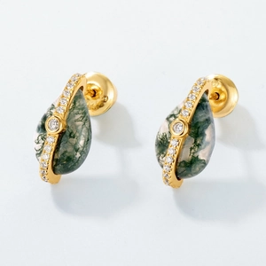 Elegant teardrop moss agate stud earrings in gold plated silver with CZ pave