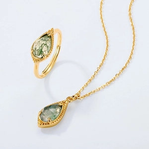 Vintage gold S925 silver set with drop-shaped green moss agate ring and necklace