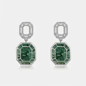 Boucles d'Oreilles en Agate Mousse Argent Sterling 925 pour Femmes Élégantes Boucles d'Oreilles Pendantes Géométriques Octogone