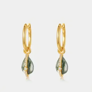 925 Sterling Silver Gold Plated Natural Moss Agate Drop Earrings With Zirconia Water Drop Shaped Jewelry For Women