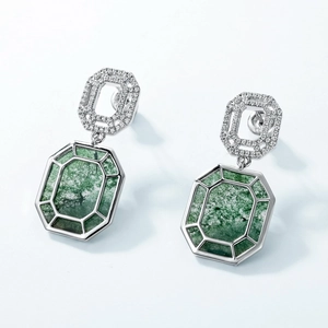 Boucles d'oreilles en argent S925 avec agate mousse verte et pavé de zircons brillants