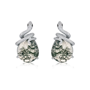 S925 silver snake earrings with natural green moss agate drop stones on white background