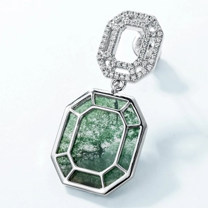 Boucles d'oreilles luxe en argent S925 avec agate mousse verte et zircons cubiques