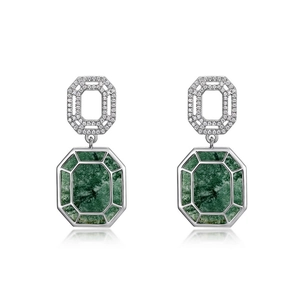 Boucles d'oreilles luxueuses en argent S925 avec agate mousse verte au design octogonal