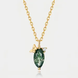 Golden S925 silver necklace with marquise green moss agate and 3D butterfly pendant