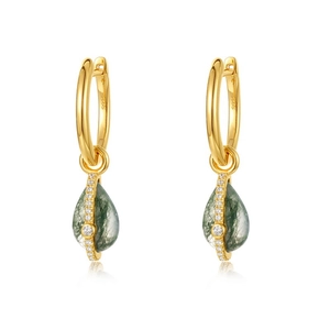S925 gold-plated silver earrings with teardrop green moss agate and cubic zirconia
