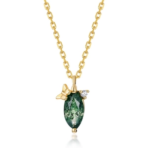 S925 silver gold-plated necklace with marquise moss agate pendant and butterfly detail