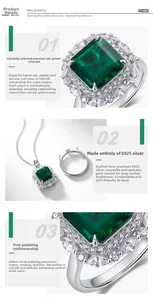 Macro de la bague et du collier en argent S925 avec émeraudes de laboratoire taillées