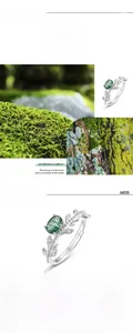 Detailed view of S925 silver ring featuring olive leaf design and green moss agate stone