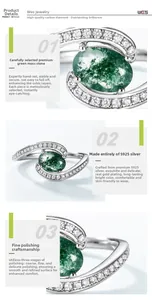 Macro detail of natural green moss agate ring with S925 silver band and side stones