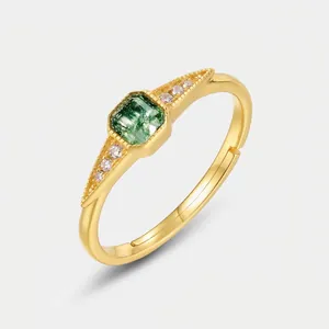 Vintage S925 Sterling Silver Gold Plated Natural Moss Agate Adjustable Open Ring Square Inlaid Rhinestone Women Jewelry
