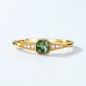 Natural moss agate ring in gold-plated S925 silver with hexagon frame and zircon accents