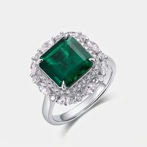 Bague Émeraude de Culture Vintage en Argent Sterling 925 Halo Zirconia Bague de Fiançailles pour Femme Bijoux Accessoire