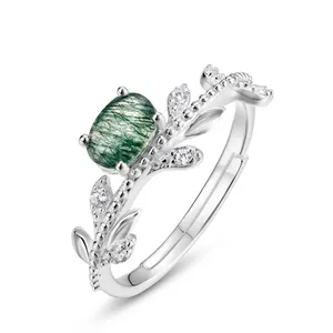 Vintage S925 Sterling Silver Natural Green Moss Agate Olive Branch Open Ring For Women Elegant Inlaid Zirconia Jewelry Gift