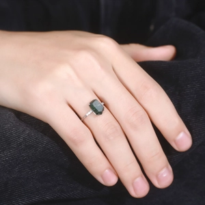 Irregular green moss agate ring in S925 silver with rectangle cut gemstone on hand