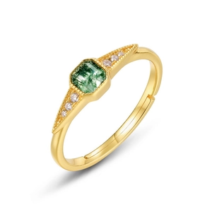 Luxurious S925 silver gold-plated ring with square moss agate stone and zircon accents