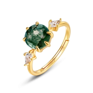 Adjustable S925 gold plated ring with round green moss agate and side white stones