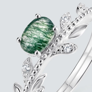 Elegant S925 silver moss agate ring with olive branch leaf design and sparkling stones