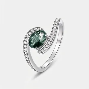 S925 Sterling Silver Moss Agate Ring For Women Vintage Twist Arm Oval Green Stone Inlaid Rhinestone Silver Ring Finger Jewelry