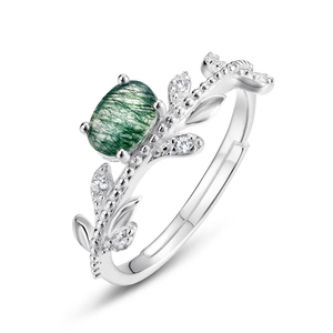 S925 silver ring featuring moss agate stone with olive branch leaves and white zircons