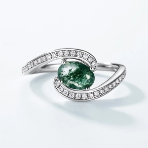 Natural green moss agate ring in S925 sterling silver with sparkling zircon accents