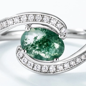 Natural green moss agate ring in S925 silver with elegant twisted band and accent stones