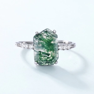 Irregular moss agate silver ring with rectangle natural stone and side zircon accents