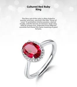 Macro shot of oval lab-grown ruby ring with halo diamond setting and adjustable silver band
