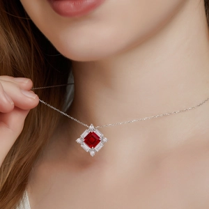 S925 Sterling Silver Lab-Grown Ruby Pendant Necklace For Women Elegant Geometric Square Cut Zirconia Inlaid Fashion Jewelry Gift