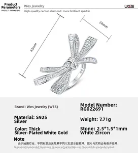 Detailed size specifications of S925 silver bow ring with inlaid white zircon stones