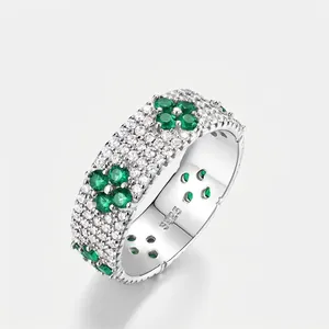 Bague Large en Argent Sterling 925 pour Femme Vintage Luxueuse Pave Zirconia Blanc Vert Trèfle à Quatre Feuilles Bijoux Bague