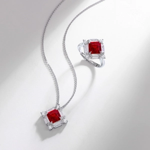 Elegant S925 silver necklace and ring set with square red ruby and white diamond accents