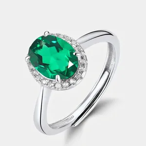 Vintage 925 Sterling Silver Oval Lab Grown Emerald Ruby Halo Ring Adjustable Luxury Zirconia Wedding Ring For Women Jewelry