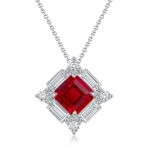 Art Deco S925 silver necklace with square ruby-red pendant and sparkling cubic zirconia