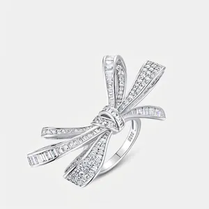 925 Sterling Silver Bowknot Ring For Women Sparkling Zirconia Inlaid Luxury Statement Finger Ring Fashion Jewelry Party Gift