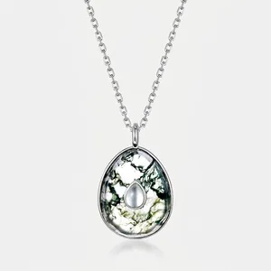 Elegant 925 Sterling Silver Natural Green Moss Agate Pendant Necklace Vintage Water Drop Stone Clavicle Chain Jewelry For Women