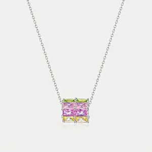 Collier Pendentif Cube Géométrique en Argent Sterling S925 Zirconia Coloré Bijoux de Mode pour Femmes Arc-en-ciel