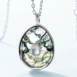 Natural green moss agate and moonstone teardrop pendant necklace in 925 silver finish