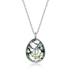 Natural green moss agate necklace with S925 sterling silver waterdrop pendant for women