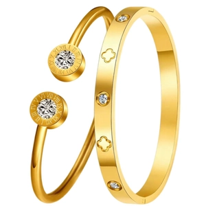 Golden stainless steel C-shape open bangle set with Roman numerals and clover charms