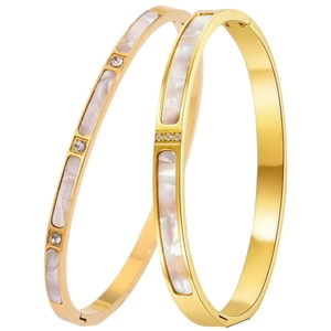 Polished gold stainless steel bangle set with white shell inlay and sparkling crystals