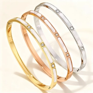 Stainless Steel Bangle With Mother Of Artificial Pearl Shell And Zircon Inlay Waterproof Elegant Fashion Jewelry For Women